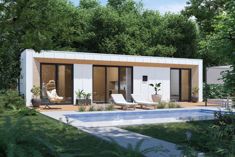 White Modal 02 in metal paneling in a backyard with a pool on a summer day