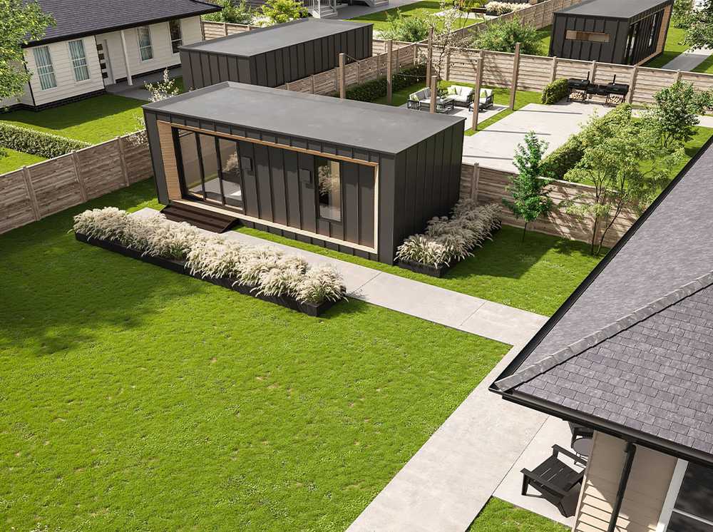 Modal 01 3D render of a modular home in a luscious, green backyard with a concrete sidewalk