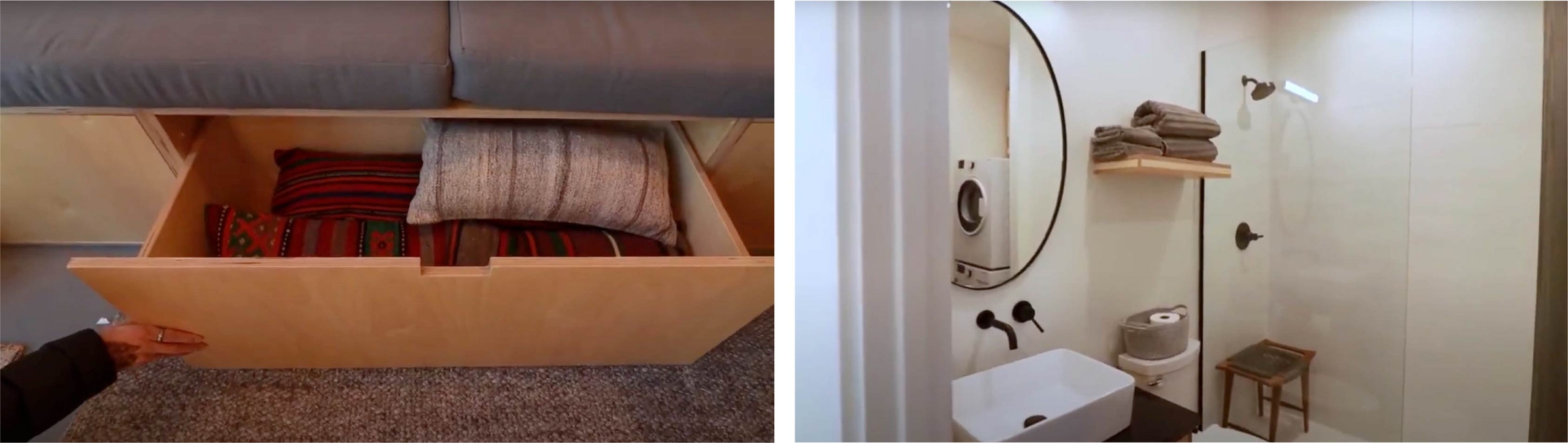 Slide out drawer under bench seat and small bathroom with round mirror over sink, toilet, and a large shower